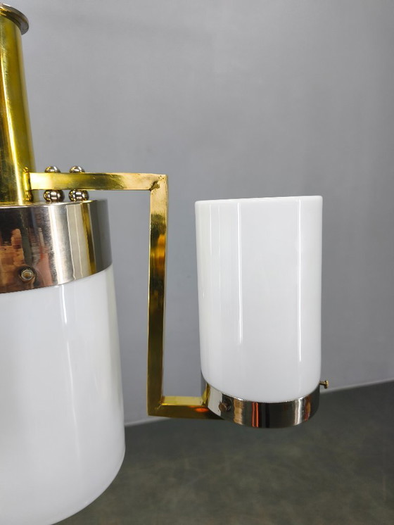 Image 1 of Tschechoslowakischer Art-Deco-Kronleuchter aus Messing und Chrom mit Opalglas, 1930er Jahre