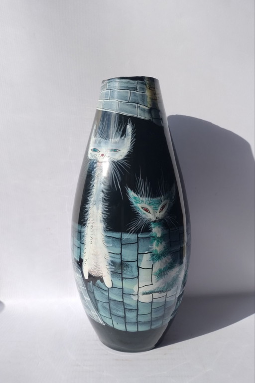 Rare Vase en Céramique "San Polo" Venise - Otello Rosa - Décor Chats Mid-Century Années 50