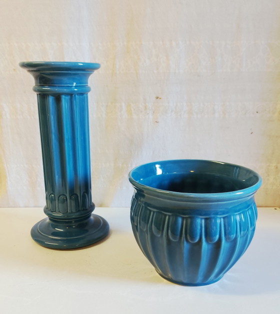 Kolom en wasbak in art-decostijl van blauw geglazuurd keramiek - midden 20e eeuw – Plantenbak, Ceramic (photo 10 of 10)