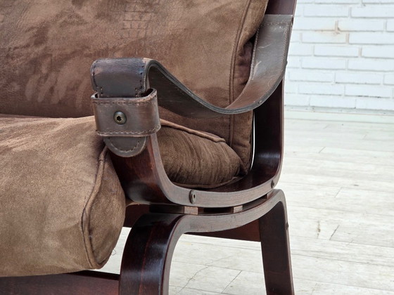 Image 1 of 1970s, Scandinavian lounge chair, nubuck leather, canvas, beech wood.