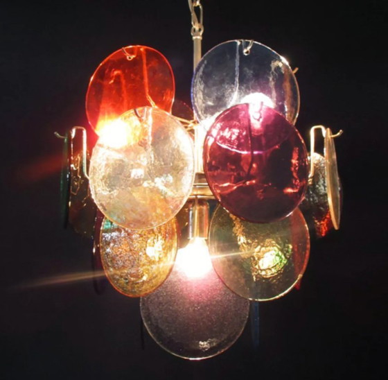 Image 1 of Pair of vintage Vistosi Murano glass chandeliers with 4 multicoloured lights, Italy 1980
