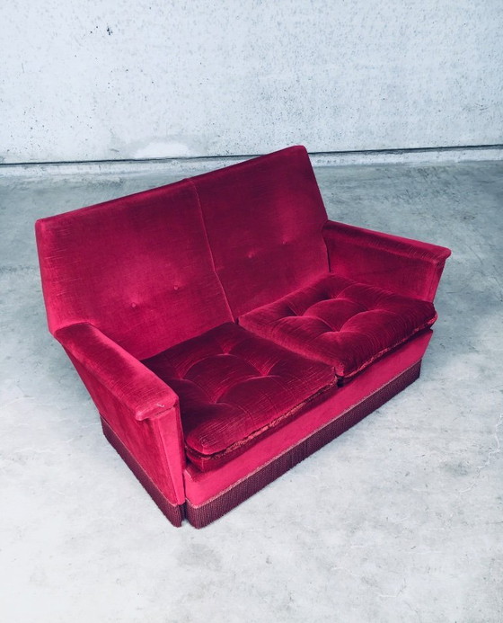 Image 1 of Hollywood Regency Style Fuchsia Velvet 2 Seat Sofa with fringe 1960's