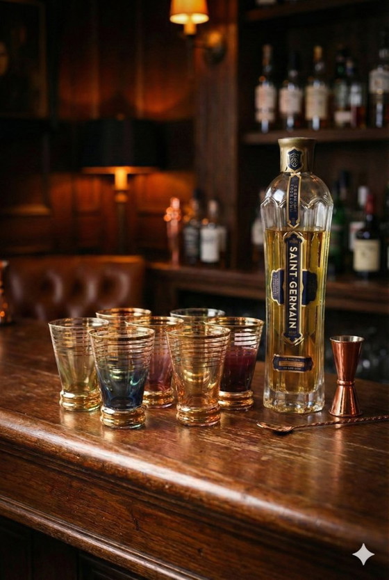 Image 1 of Set van 6 vintage likeurglazen met gekleurde en gouden rand uit de jaren 60.