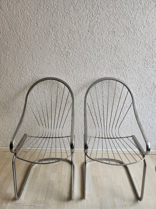 2x Vintage Gastone Rinaldi Chrome Draadstoelen Armchairs 70s – fauteuils, Metal