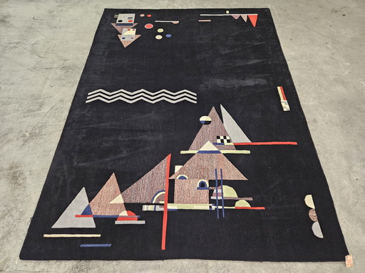 Tapis moderne en laine noire, noué à la main, motif abstrait géométrique, 246 x 340 cm