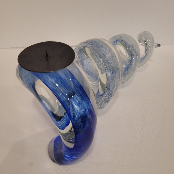 Image 1 of Pair of blue spiral candlesticks, glass, 80's - France