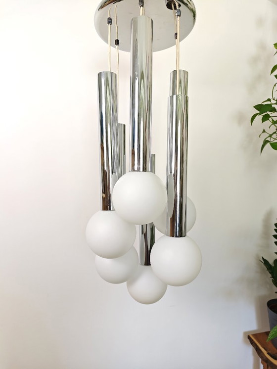 Image 1 of Vintage Sijaj Hrastnik Chandelier / Mid Century Modern Chrome & Glass Globe Pendant Lamp / Space Age Ceiling Light / Yugoslavian