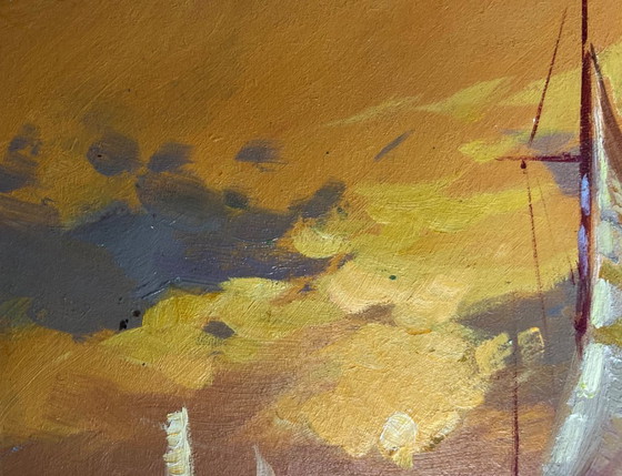 Image 1 of Original Oil Painting Sea Evening Landscape In the evening at sea