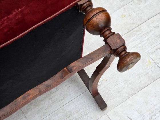 Image 1 of Poltrona danese con schienale alto, anni '50, tessuto di lana intrecciato, velluto rosso per mobili, legno di frassino.