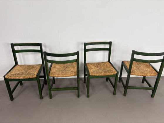 4 Esszimmerstühle aus Buche, grün lackiert, mit Binsensitz – Wood, Wicker, Vintage (photo 7 of 9)