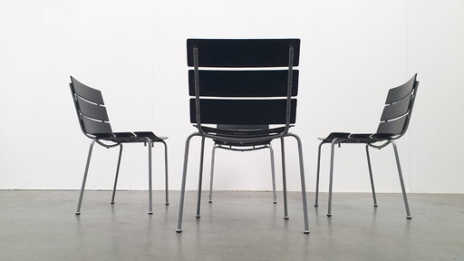 4x Giancarlo Vegni Fasem Italia Stripe Zadelleer Vintage Stoelen Design