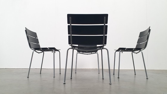 Image 1 of 4x Giancarlo Vegni Fasem Italia Stripe Zadelleer Vintage Stoelen Design