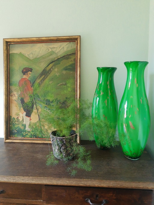Set hoge Murano handgeblazen glazen vazen siervazen decoratieve vazen sierobjecten in groen met goud, vintage