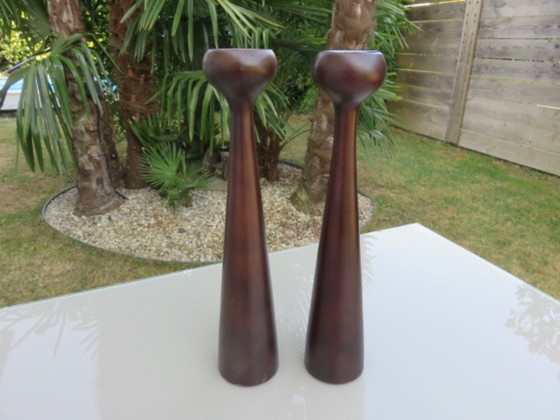 Image 1 of Paar grote Scandinavische houten kandelaars, vintage, jaren 70