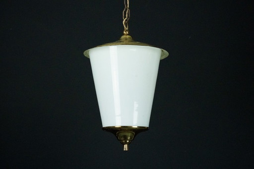 Mid-Century pendant lantern in brass and lattimo Murano glass, Italy, 1950s.