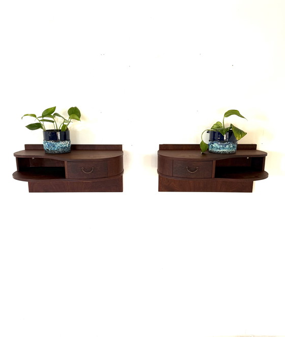 Image 1 of 2x vintage teak floating Danish bedside tables ‘60s