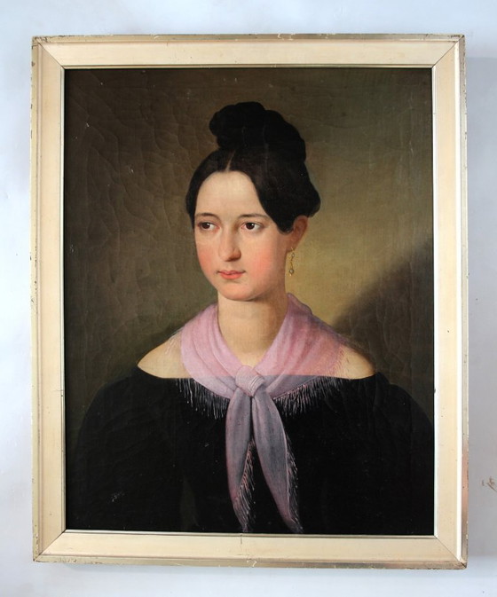 Image 1 of 19e-eeuws olieverfportret van een jonge vrouw