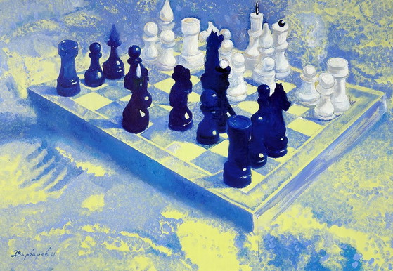 Original Oil Painting Modern Art Symbolism Chess White And Black – Paintings & Drawings, Canvas (photo 5 of 5)