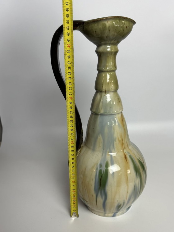 Image 1 of Pichet vintage en céramique émaillée multicolore brillante avec poignée, conçu par Eugene Losson pour Bouffioulx, années 1960.