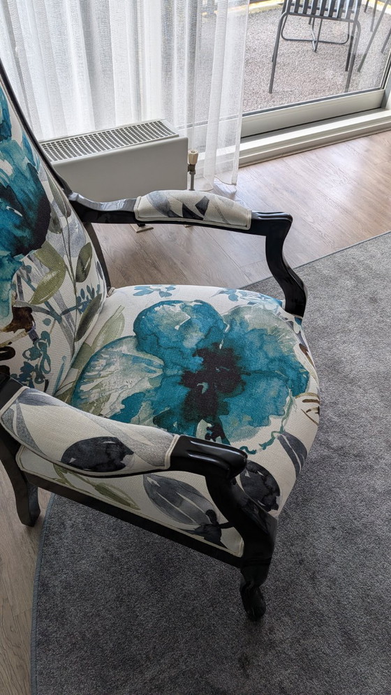 Armchair with floral print, Roche Bobois, Wood, Textile, Black, Vintage (photo 2 of 8)