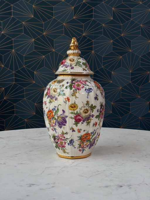 Pot à couvercle Boch Frères La Louvière Keralux – Motif floral « Bouquet de Saxe » – Art déco belge, années 1930/1940