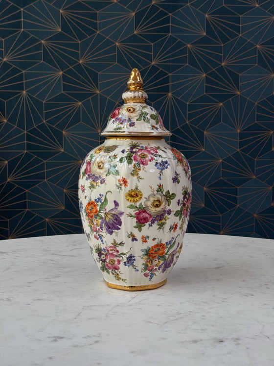 Image 1 of Pot à couvercle Boch Frères La Louvière Keralux – Motif floral « Bouquet de Saxe » – Art déco belge, années 1930/1940