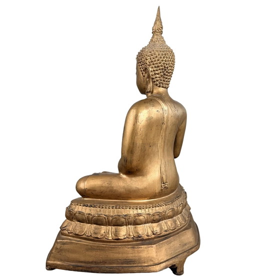 Thailändischer vergoldeter Bronze-Buddha auf Lotussockel – ca. 1920 – H 55 cm – Bildhauerei (photo 7 of 10)