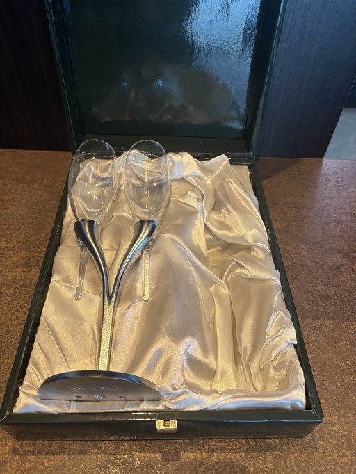 Moët & Chandon gift box and Philippe Di Meo design holder with Moët & Chandon glasses.