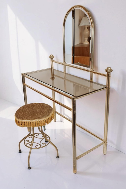 Vintage-Schminktisch aus Messing mit Hocker