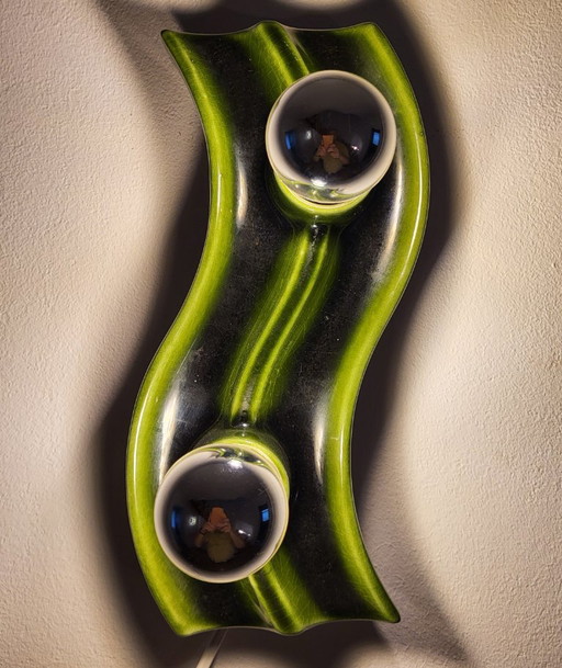 Brunnquell wall lamp, green, very rare, wave shape, 1960s, 1970s, 1980s, ceramic, stoneware – wandlampen