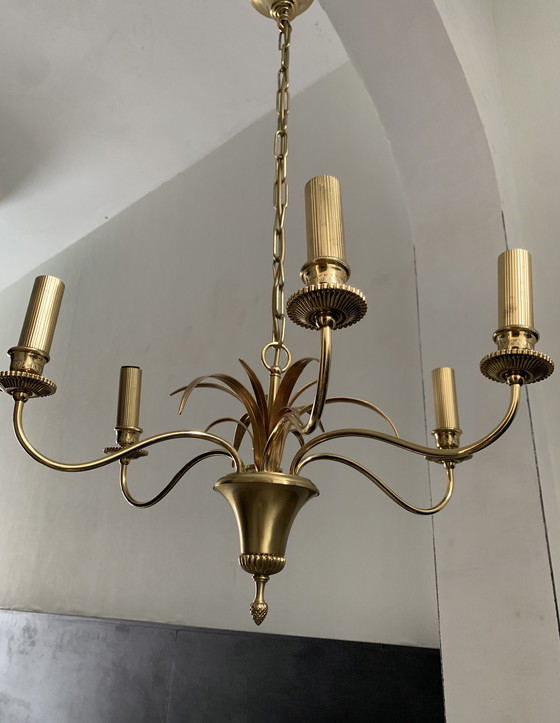 Image 1 of Lámpara de araña estilo Hollywood Regency de latón con forma de palmera, de SA Boulanger, Bélgica, década de 1970.