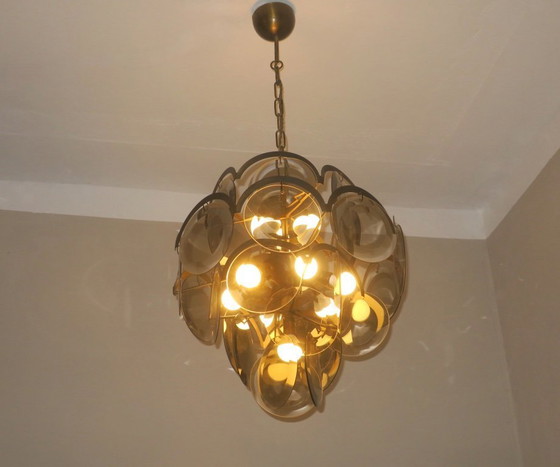 Image 1 of Lampadario Vistosi con 28 dischi di vetro ambrato sfaccettato, Italia, anni '60