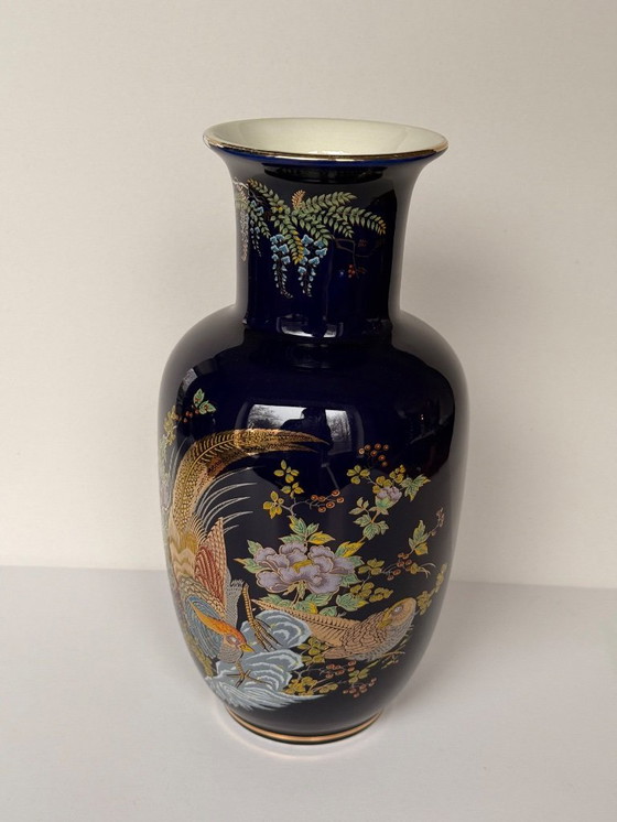 Image 1 of Japanische kobaltblaue Porzellanvase und Schale aus 22-karätigem Gold