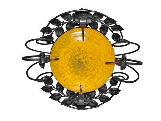 Image 1 of Panier floral Art Déco français - Centre de table : coupe à fruits en verre et fer forgé Delatte Nancy