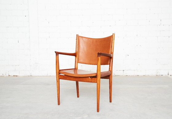 Paar Hans Wegner JH-513 Fauteuils voor Johannes Hansen, Hout, Leer, Bruin, Mid Century Modern (foto 6 van 15)
