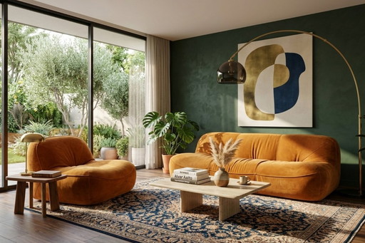 Vintage 1970s Set: 3-Seater Sofa + Orange Velvet Armchair
