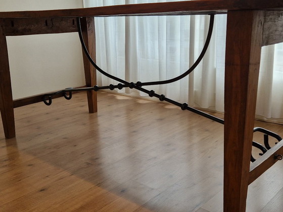 Antique Spanish Trestle Dining Table - Solid Wood & Wrought Iron (200x89 cm) (photo 5 of 9)