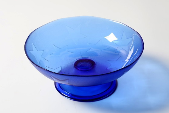 Image 1 of Blue Pressed Glass Pedestal Bowl with Stars Pattern / Italy / 2000s