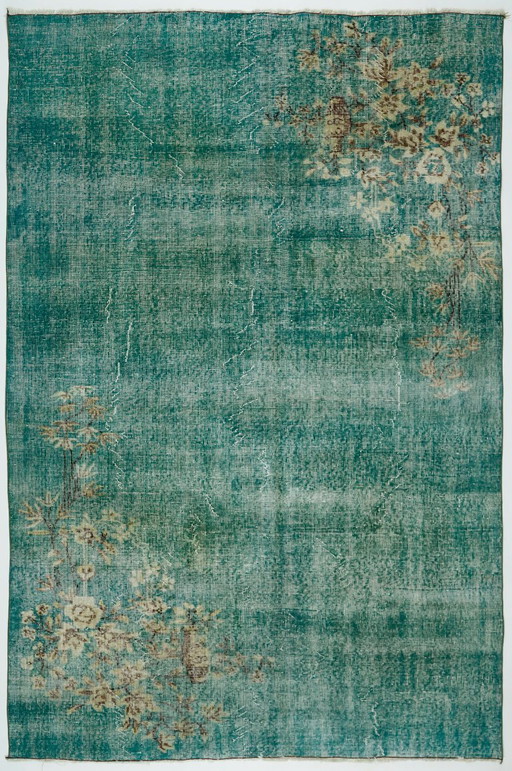 Tappeto turco vintage tinto in capo, 261x162 cm – Tappeto in lana annodato a mano color verde acqua con motivo floreale