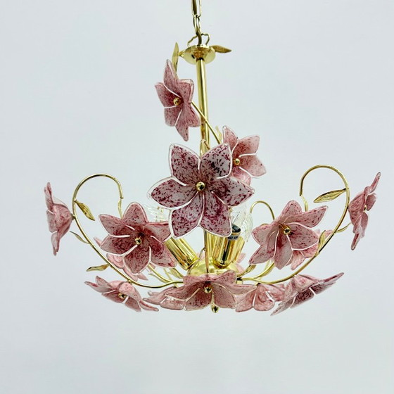 Murano rosa Glasblumen-Kronleuchter, 1970er Jahre, Metall (Foto 6 von 15)
