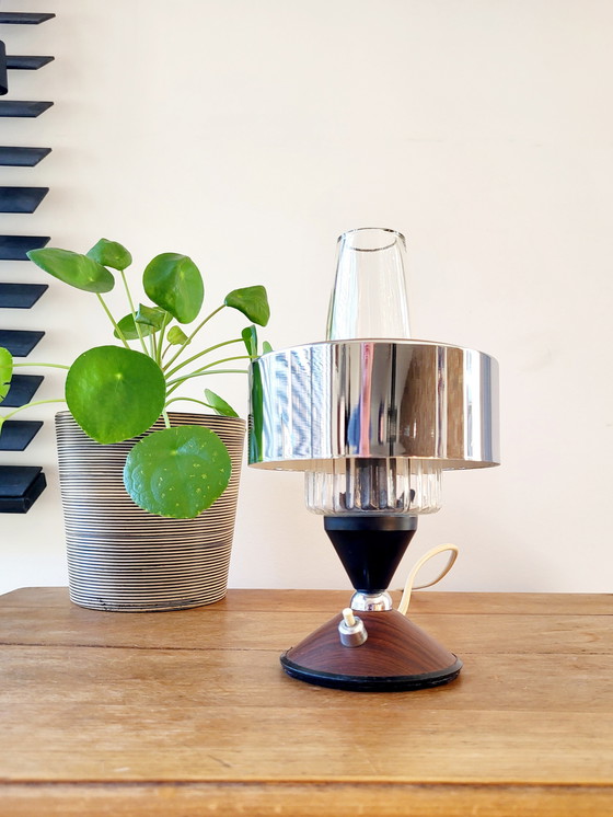 Image 1 of Vintage table lamp, round wooden base finished with chromé, 1950s