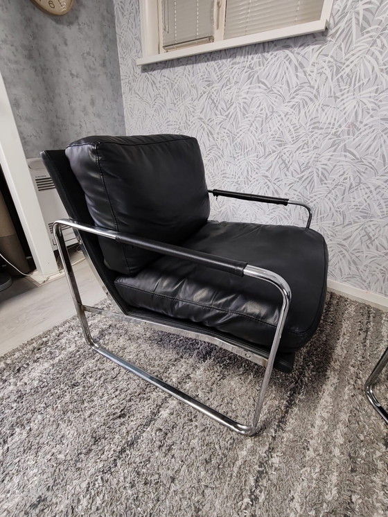 Image 1 of Set of 2 designer armchairs – black leather with chrome frame