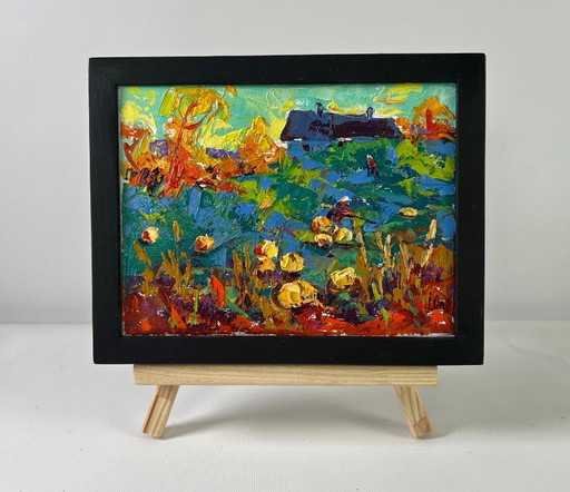 Original Oil Painting Summer House Landscape Work in the Garden
