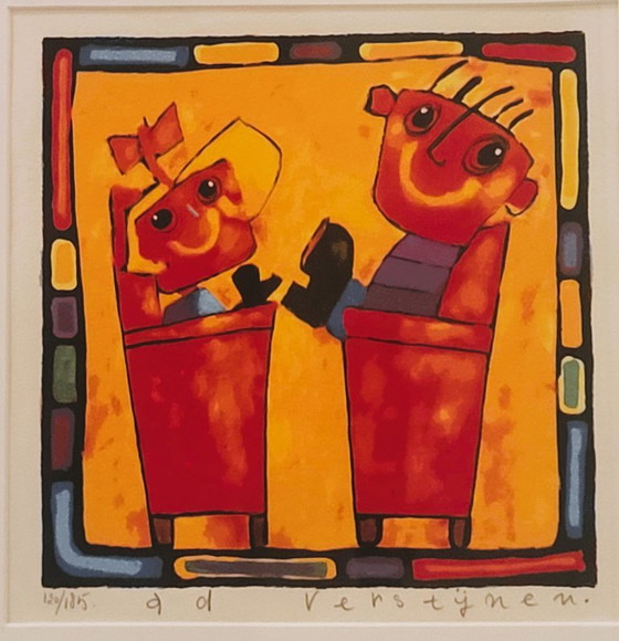 Ad Verstijnen screen print, two figures in chairs, Lithographs & prints, Paper, Wood, Orange, Modern (photo 2 of 5)