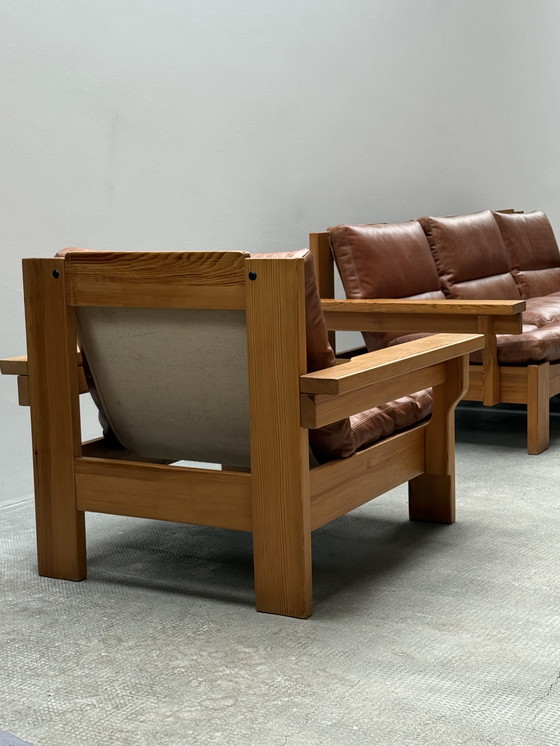 Image 1 of MODULAIRE STOEL SOFA SER PIEF HOUT MASSIEF COGNAC LEATHER IN KARIN MOBRING STIJL, SCANDINAVIA 1970