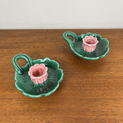 Vintage Barbotine Flower Candle Holder Duo