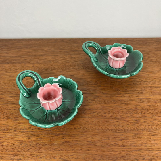 Image 1 of Duo portacandele vintage a forma di fiore Barbotine