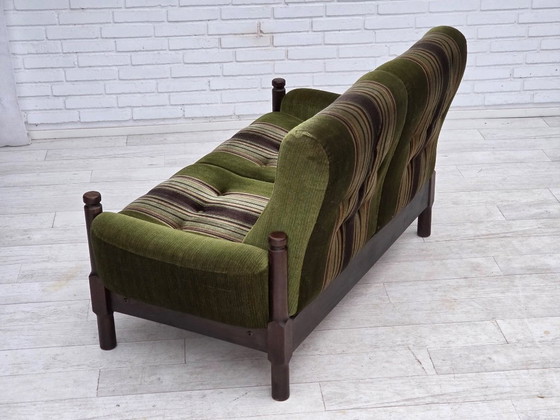 Image 1 of 1970s, Scandinavian 2-seater sofa, green furniture velour, beech wood.