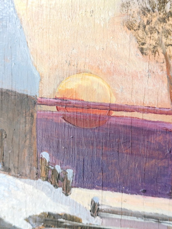 Image 1 of Pittura a olio d'epoca su tavola | Paesaggio invernale Scena di campagna | Incorniciato