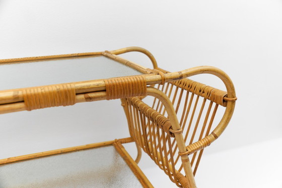 Image 1 of Carrello da portata italiano in bambù, rattan e vetro, anni '50